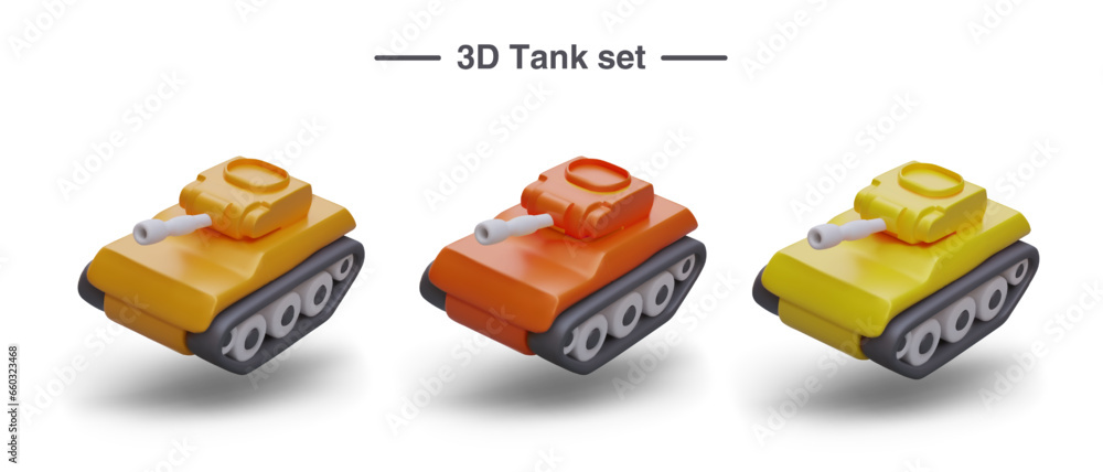 Poster set of realistic 3d tanks in red, orange and yellow colors. collection of weapons for computer game.