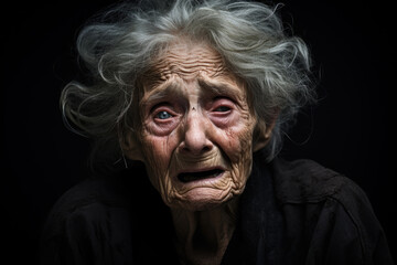 Portrait of sad crying elderly woman. Mourning widow in black clothing. Grief, anxiety, loneliness, aging, war concept - obrazy, fototapety, plakaty
