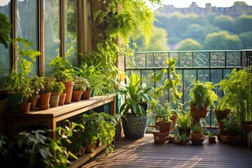 potted plants arranged on a tranquil balcony