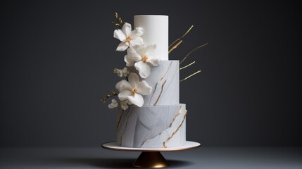 Simple white wedding cake with glaze and flowers on a gray background. AI