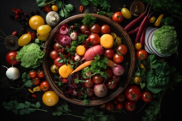 fresh salad mix organic vegetables with avocado, tomatoes and fruits, top view, generative ai