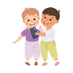 Little Boys with Smartphone Taking Selfie Using Smart Technology Vector Illustration