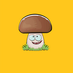 Cartoon mushroom characters isolated on orange background. Funky boletus character with eyes and mouth. Vector white mushroom with brown cap clip art, emoji, label and sticker