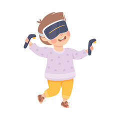 Little Boy Playing Wearing Augmented Reality Glasses Using Smart Technology Vector Illustration