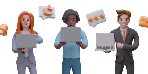Office workers at work. Vector characters showing unbranded gadgets. Mockup of modern electronic devices. 3D icons, messenger advertising, business applications