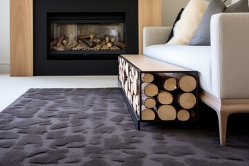 a plush carpet in front of a modern fireplace with log storage