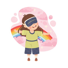 Little Girl Playing Wearing Augmented Reality Glasses Using Smart Technology Vector Illustration