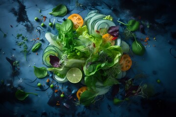 Fototapeta na wymiar Green salad with leaves on dark blue background, top view, generative ai