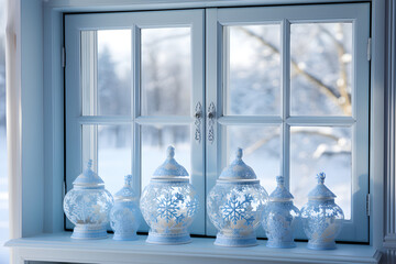 Frost pattern on frozen winter window as a symbol of Christmas wonder.