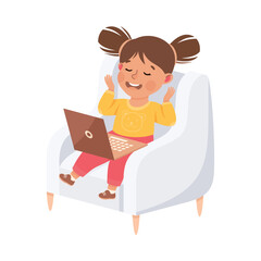 Little Girl with Laptop Video Call Sitting in Armchair Using Smart Technology Vector Illustration