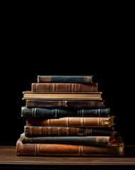A stack of old, vintage books lying on the table. Dark background.