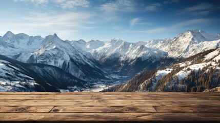 Wooden Floor Display with Snowy Mountain Background