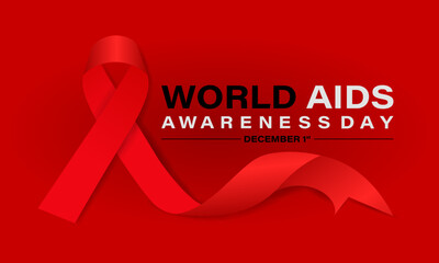 World Aids Day concept with  Red Ribbon. Banner with realistic . 1st December  Background, banner, card, poster, template. Vector illustration