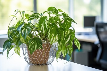 office plant near paper-filled wire basket