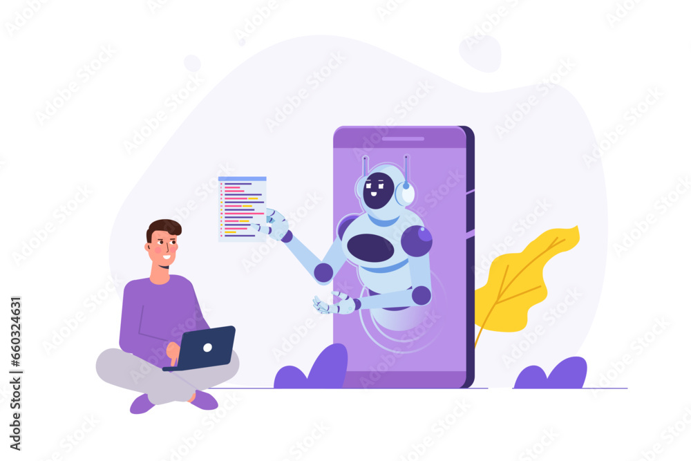 Poster coding bot, chat bot developed concept. vector illustrations for banner, website, landing page, flye
