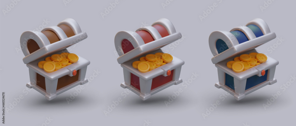Aufkleber set of 3d chests with coins. illustrations for online game. vector objects of different colors. symb