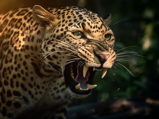 Fototapeta premium detailed close up portrait of a roaring leopard, generative ai