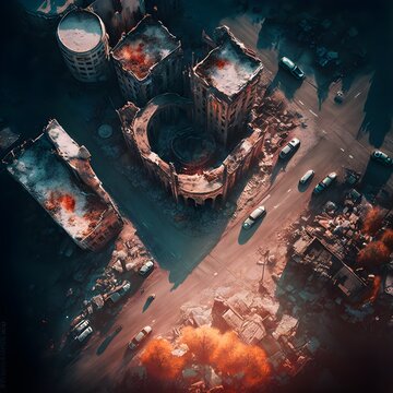 battlefield ruins destroyed streets burning vechicles city top view satelite view 