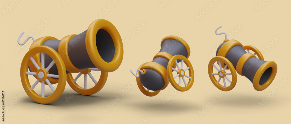 Poster poster with realistic 3d cannon in different position on yellow background. ancient corsair cannon c