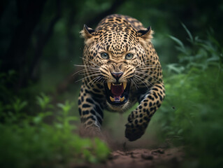 leopard portrait running, chasing, preying, generative ai