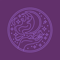 Mystical violet boho logo. Hand with magic, moon and stars in the sky round shape aesthetic icon.