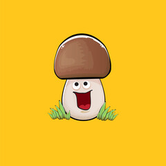 Cartoon mushroom characters isolated on orange background. Funky boletus character with eyes and mouth. Vector white mushroom with brown cap clip art, emoji, label and sticker