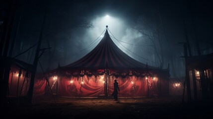 A chilling circus tent with ghostly performers and eerie music. - obrazy, fototapety, plakaty