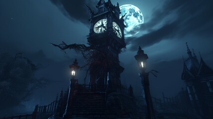 A cursed clock tower with eerie chimes echoing through the night.
