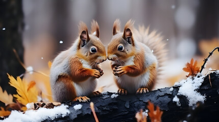 Naklejka na ściany i meble Christmas Squirrel with winter holiday decoration background for greeting card