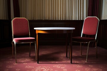 two empty chairs before a table used for negotiations