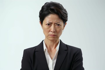 怒っている日本人の女性シニアビジネスマンのポートレート写真（白背景・サラリーマン・スーツ・上司・起業家・経営者）