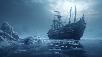 A ghostly shipwreck on a snowy shore, cursed for eternity.