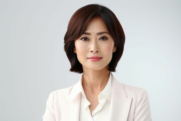 正面の日本人の女性シニアビジネスマンのポートレート写真（白背景・サラリーマン・スーツ・上司・起業家・経営者） - obrazy, fototapety, plakaty