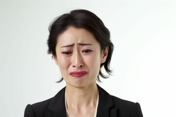 悲しい・不安な日本人の女性シニアビジネスマンのポートレート写真（白背景・サラリーマン・スーツ・上司・起業家・経営者） - obrazy, fototapety, plakaty