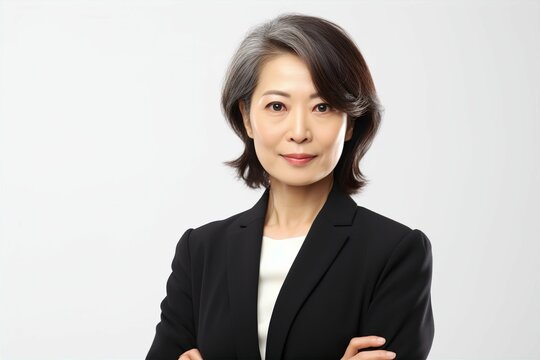 正面の日本人の女性シニアビジネスマンのポートレート写真（白背景・サラリーマン・スーツ・上司・起業家・経営者）