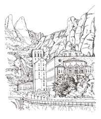 Travel sketch illustration of Abbey of Montserrat, Barcelona, Spain. Line art drawing with an ink pen on paper. Freehand drawn postcard. Urban sketch in black color isolated on white background. 