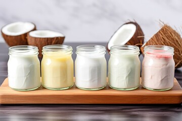 a row of different flavors of coconut yogurt in small glass jars