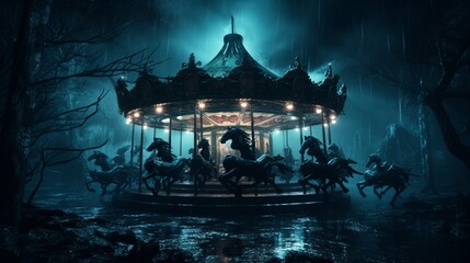 A haunted carousel with spectral horses and eerie music. - obrazy, fototapety, plakaty