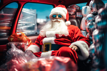 Santa Claus delivers presents. Santa Clause in the car full of gift boxes, Christmas shopping - obrazy, fototapety, plakaty