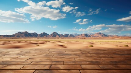 Fototapeta na wymiar Wooden Floor Display with Expansive Desert Background
