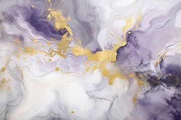 Schilderijen op glas Art: Violet & Grey abstraction with marble swirls, agate ripples, luxury natural background & gold powder. Generative AI © Ryan