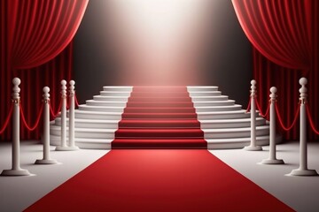 Red velvet curtain and red carpet with spotlights - obrazy, fototapety, plakaty