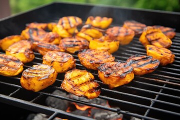 smoky mango bbq grilled plantains on charcoal grill