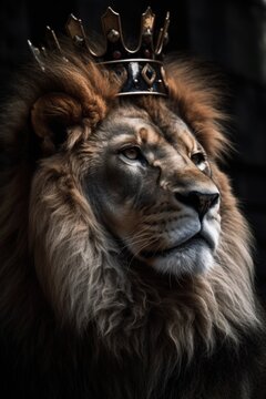 Portrait of a lion king with a crown on his head.