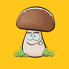 Cartoon mushroom characters isolated on orange background. Funky boletus character with eyes and mouth. Vector white mushroom with brown cap clip art, emoji, label and sticker