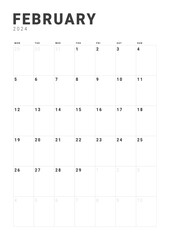 Monthly page Calendar Planner Templates of February 2024. Vector layout of a vertical simple calendar with week start Monday for print. Page for size A4 or 21x29.7 cm