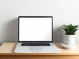 Laptop with a blank screen with cup beside it, placed on a table with wall background, Mockup