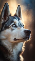 Portrait of a beautiful Siberian Husky dog in winter sunset light