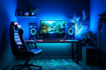 Modern gaming PC setup with blue theme. Generative AI