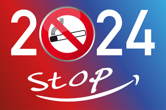 Carte de vœux 2024 sur le thème du tabac et de la résolution d’arrêter de fumer, avec un panneau d’interdiction montrant une cigarette, souligné par le mot Stop.
